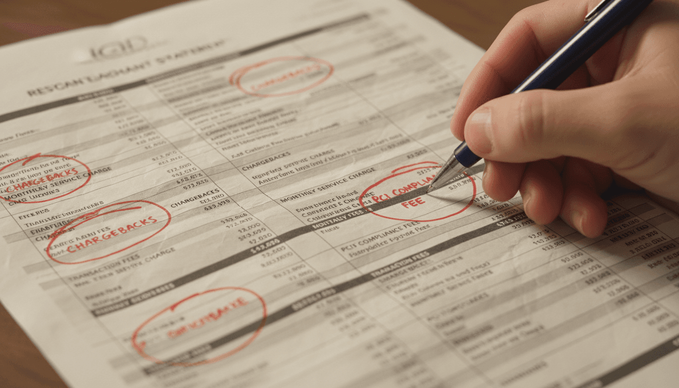 A detailed merchant processing statement with handwritten red marks highlighting hidden fees and charges.