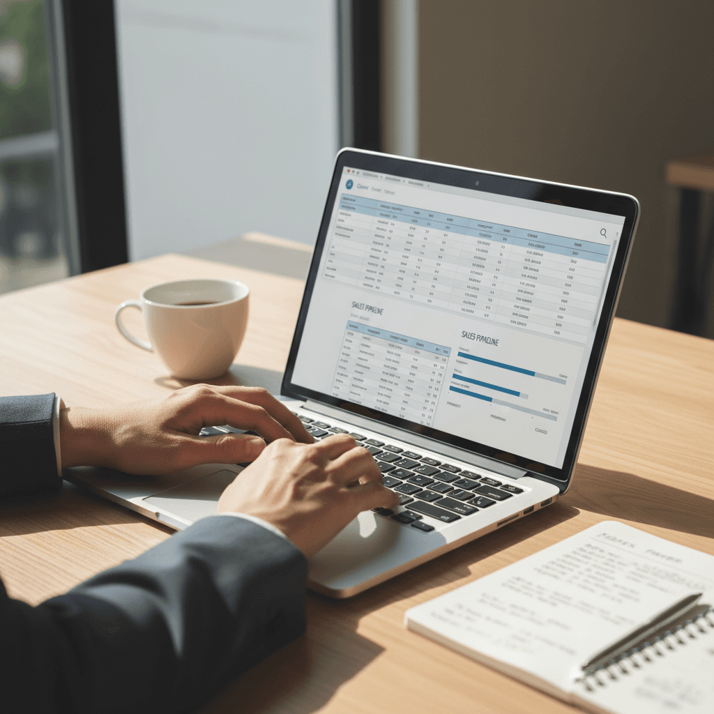 Small business owner's hands typing on laptop showing organized spreadsheet data in bright, minimalist workspace with natural light