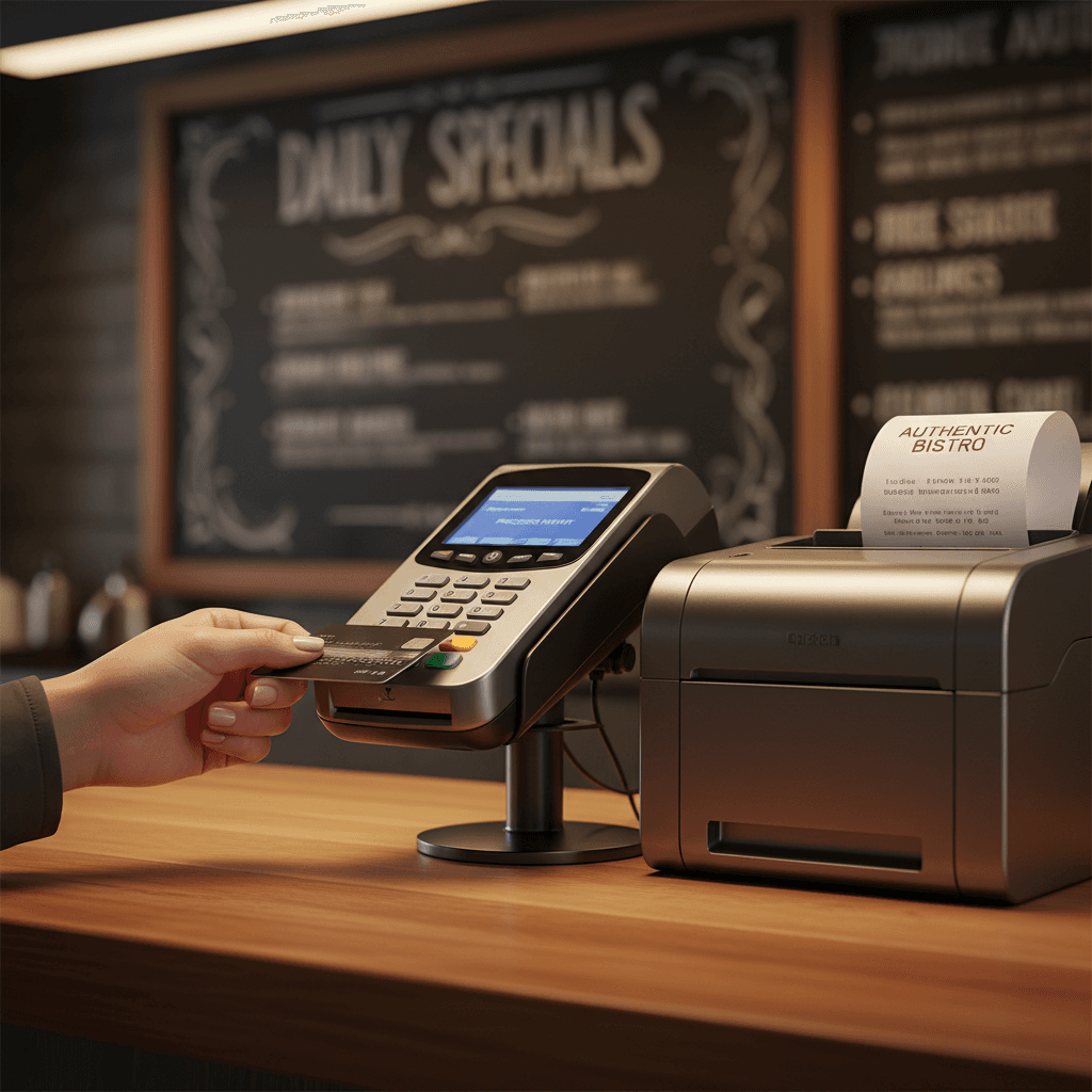 Customer hand inserting credit card into branded payment terminal at restaurant counter with receipt printer visible
