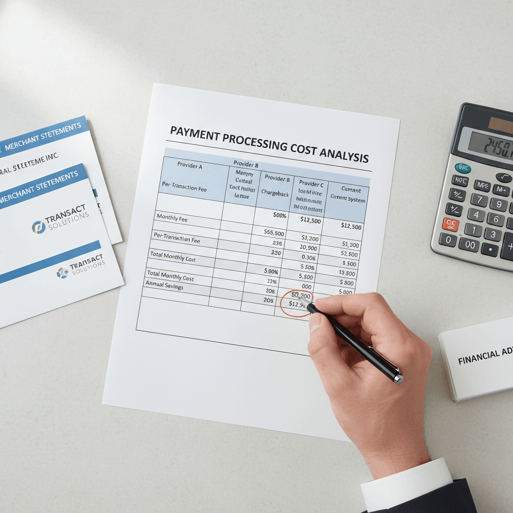 Flat-lay overhead view of payment cost comparison spreadsheet surrounded by merchant statements and calculator